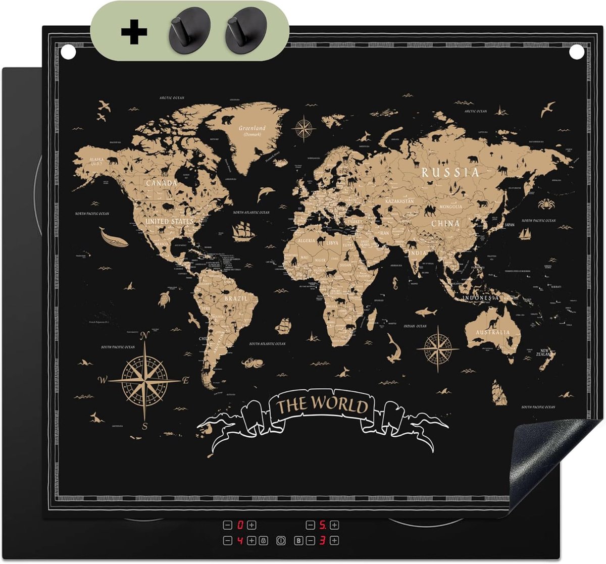 SnelShoppen - Inductie Bescherming 52x60cm Keuken Decoratie Inductiekookplaat Deksel Antislipmat, Spatbescherming Achterwand Wereldkaart - Realistisch
