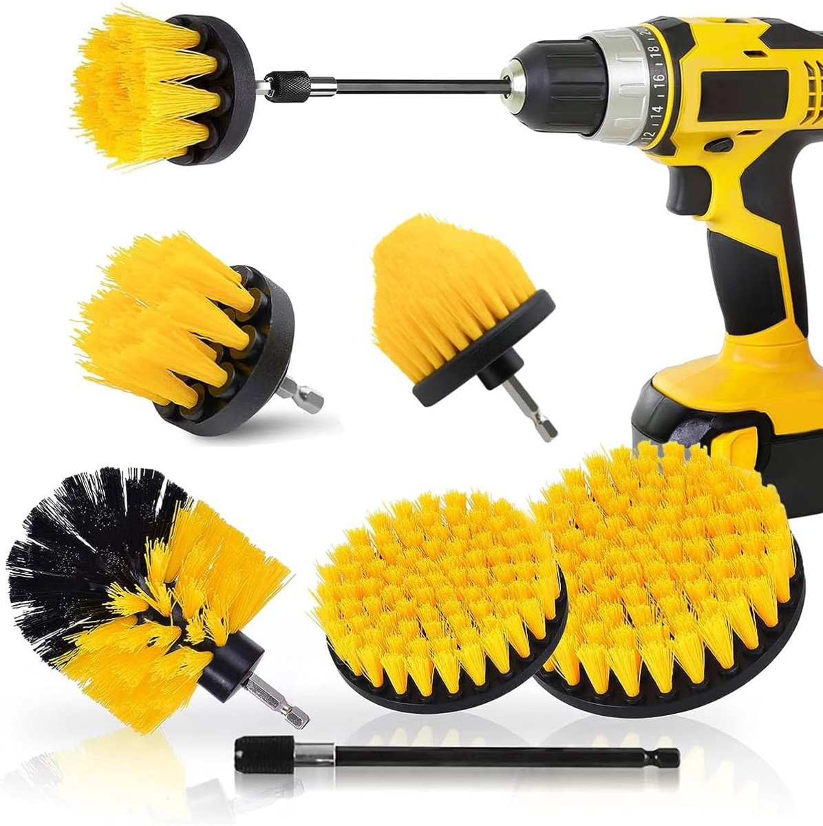 SnelShoppen - Sliva Boorborstel Set, 6 Delige Power Scrubber Borstels met Verlengstuk voor Schoonmaken Vloer, Tapijt, Tegels, Voegen, Auto Wielen, Toi