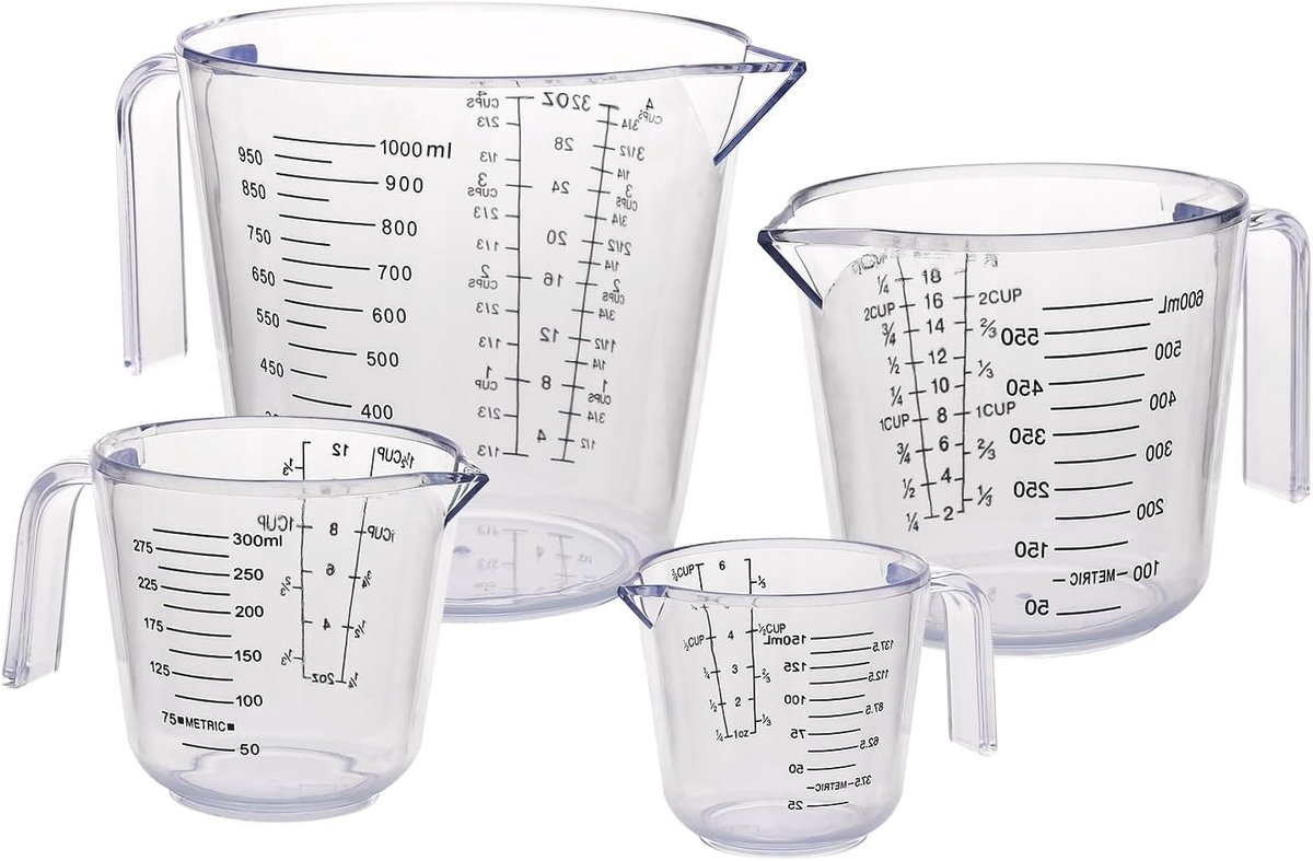 Maatbekerset 150/300/600/1000 ml - kunststof met handvat - hittebestendig - ideaal voor keuken en laboratorium - SnelShoppen