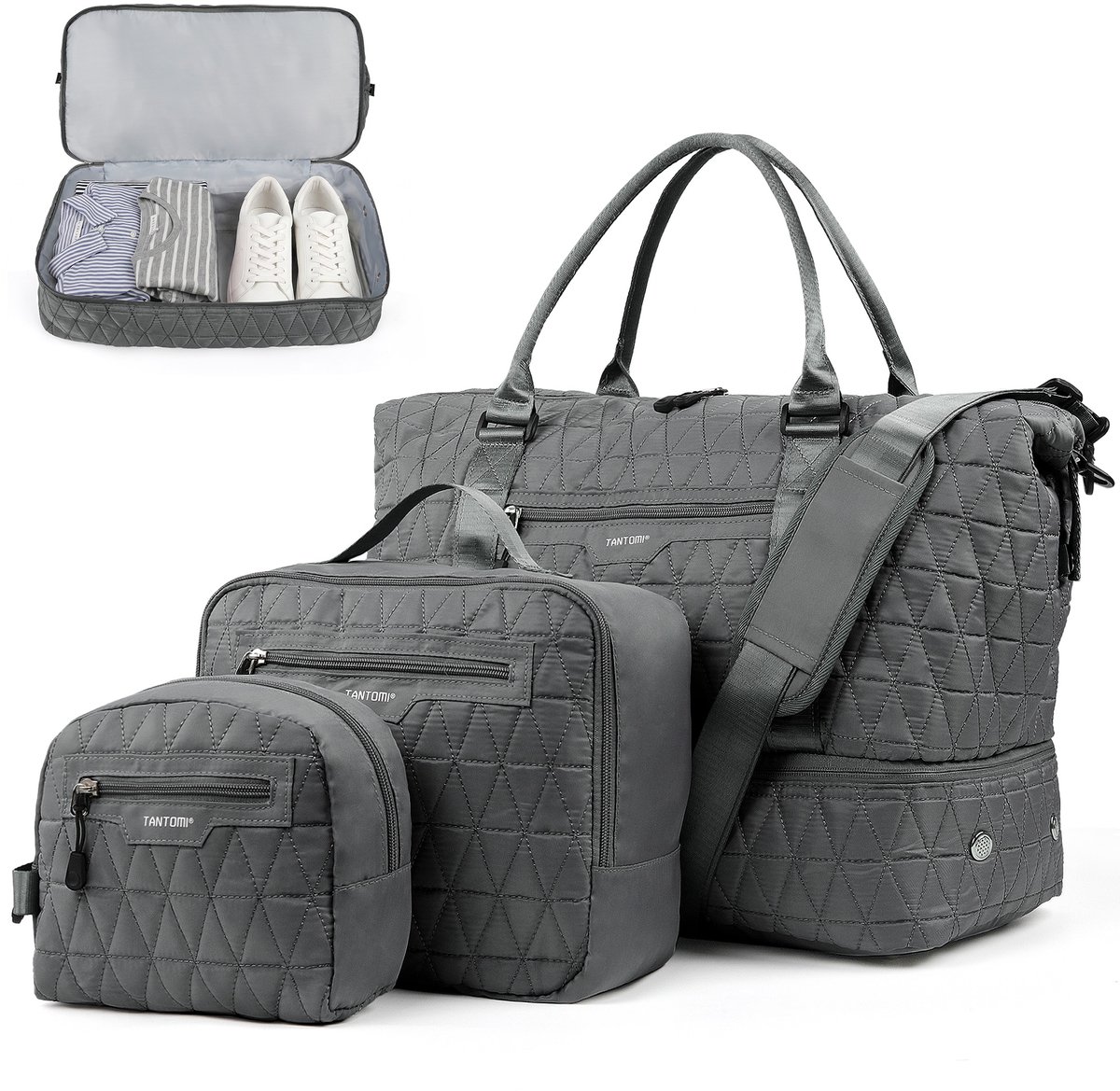 TANTOMI - Reistas - Handbagage Tas voor dames en heren - 46x23x35 cm - met make-uptas & toilettas - met schoenenvak - voor reizen, fitness, dagelijks gebruik en ziekenhuis - Weekendtas - Sporttas - Donkergrijs