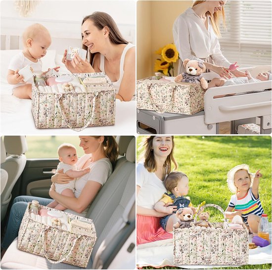 Luiertas - Met handvat - Luiermand - Opbergmand voor babybenodigdheden - Draagbare tas - Reistas - Grote speelgoedmand - Bloemenprint - 38*25*18 cm - Kraamcadeau — afbeelding 2