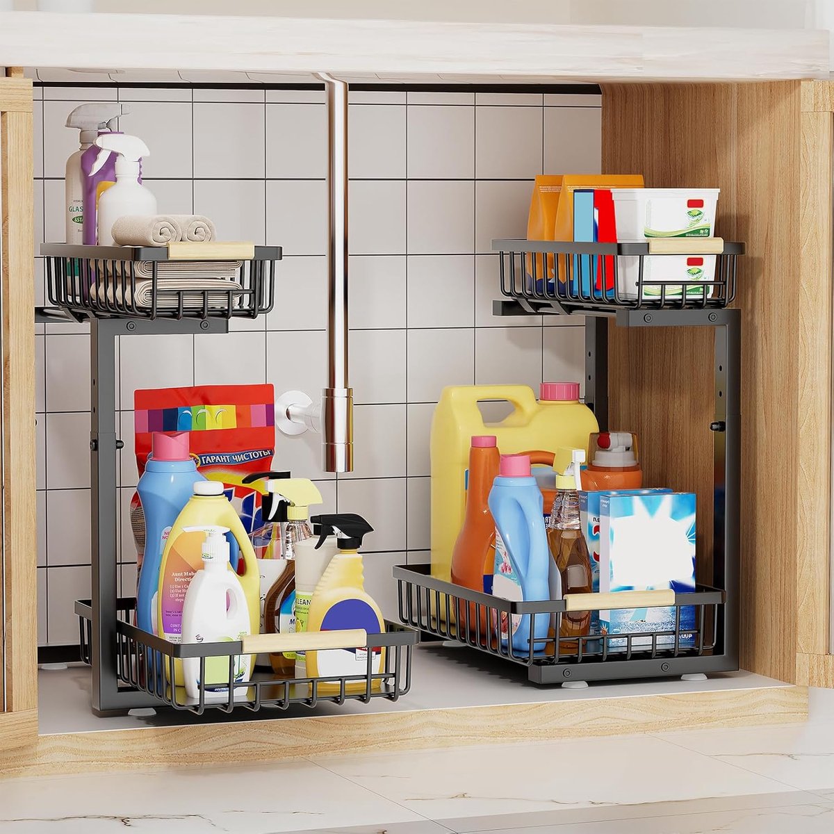 SnelShoppen - 2 x 2 Laags Onder Sink Plank - Hoogte Verstelbaar 35,5 - 43 cm - Keukenorganizer in Zwart - Onder de Gootsteen Organizer van Koolstofsta