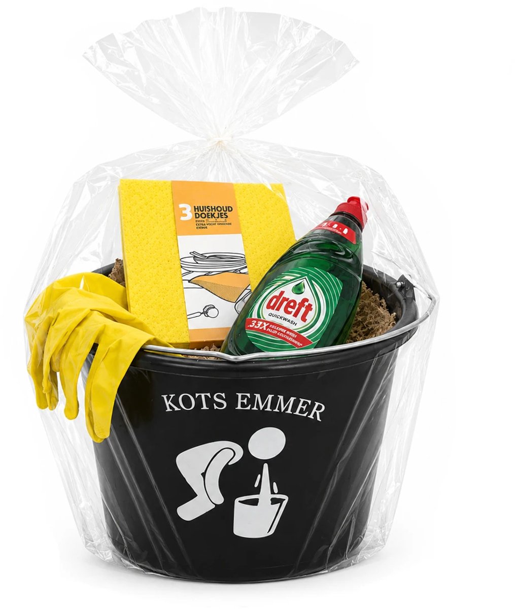 Emmer - Kots emmer in geschenkverpakking - Gevulde cadeau emmer - met tekst - Verpakt in cellofaan - 12 liter - zwart - Verjaardag man & Vrouw - Jubilieum cadeau - Geslaagd cadeau