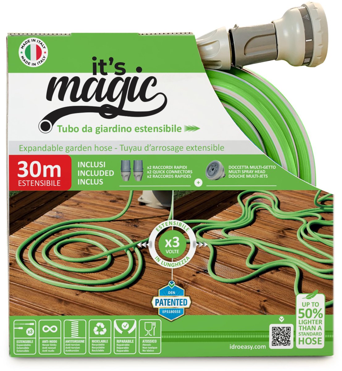 SnelShoppen - Tuinslang 15 Meter Verlengbaar Groen met Multi Jet Douche - Idroeasy Anti Knoop en Anti Twist voor Tuin, Camping en Onderhoud
