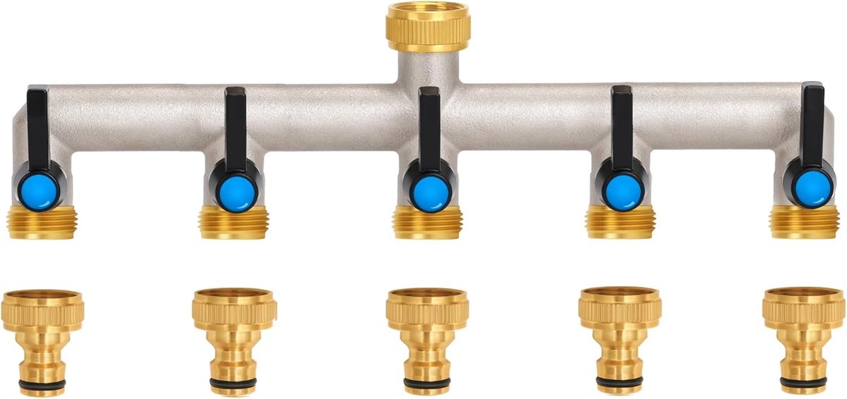 SnelShoppen - 5-Weg Waterverdeler met Verlengde Handgreep, 3/4 Inch Messing Wateraansluiting, Individuele Afsluitkranen, Tuinaccessoires voor Tuin, Ca