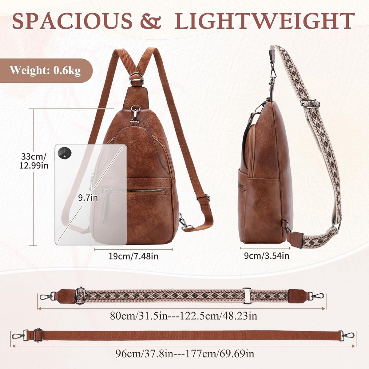 Slingtas voor vrouwen, veganistisch leer, anti-diefstal, crossbody borsttas, heuptas, kleine reizen, schouderrugzak, riemtas voor wandelen, werk, sport