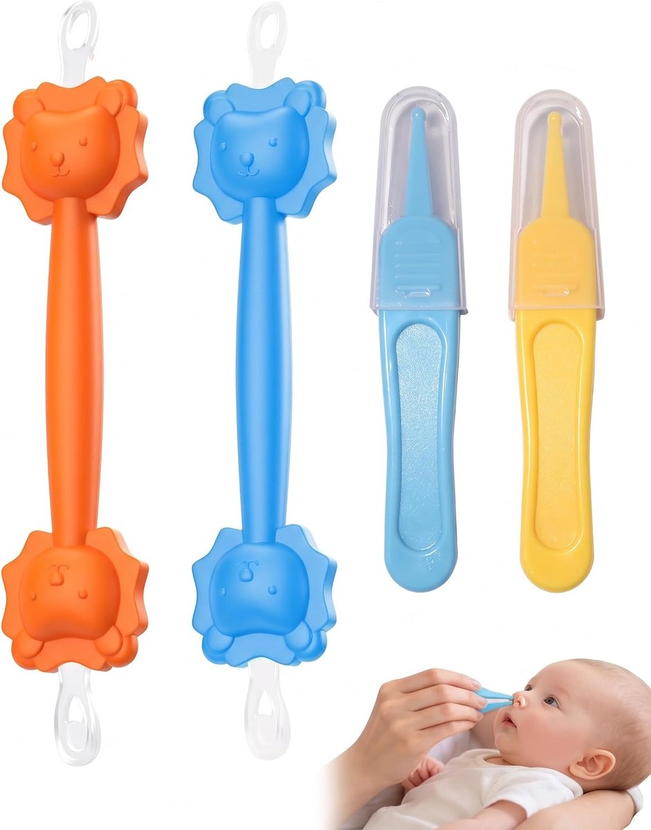Neusreinigingsset voor baby's en spuit, 4 stuks (2 staven + 2 tangen), zachte siliconen mondstukken, zachte extractie van slijm en korsten, zonder het gevoelige slijmvlies van de voeding te