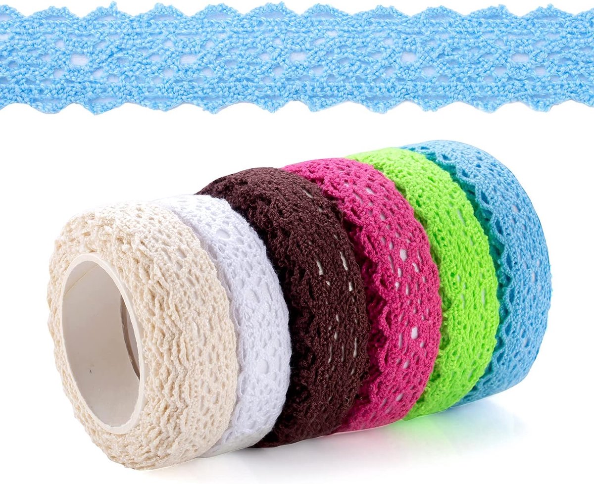 6 rollen kleur kantlint zelfklevend beige wit rood bruin blauw groen vintage decoratielint kant linten kantboord stofband zelfklevend voor huwelijksuitnodigingen albums, flessen en nog veel meer
