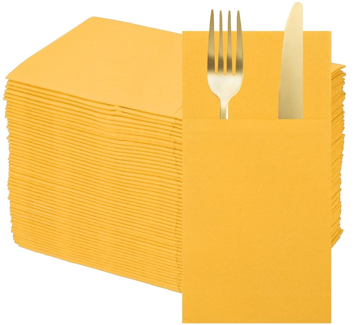 Omgoods - 50 Stuks Wegwerpservetten met Bestekzakken - Linnenlook Geel
