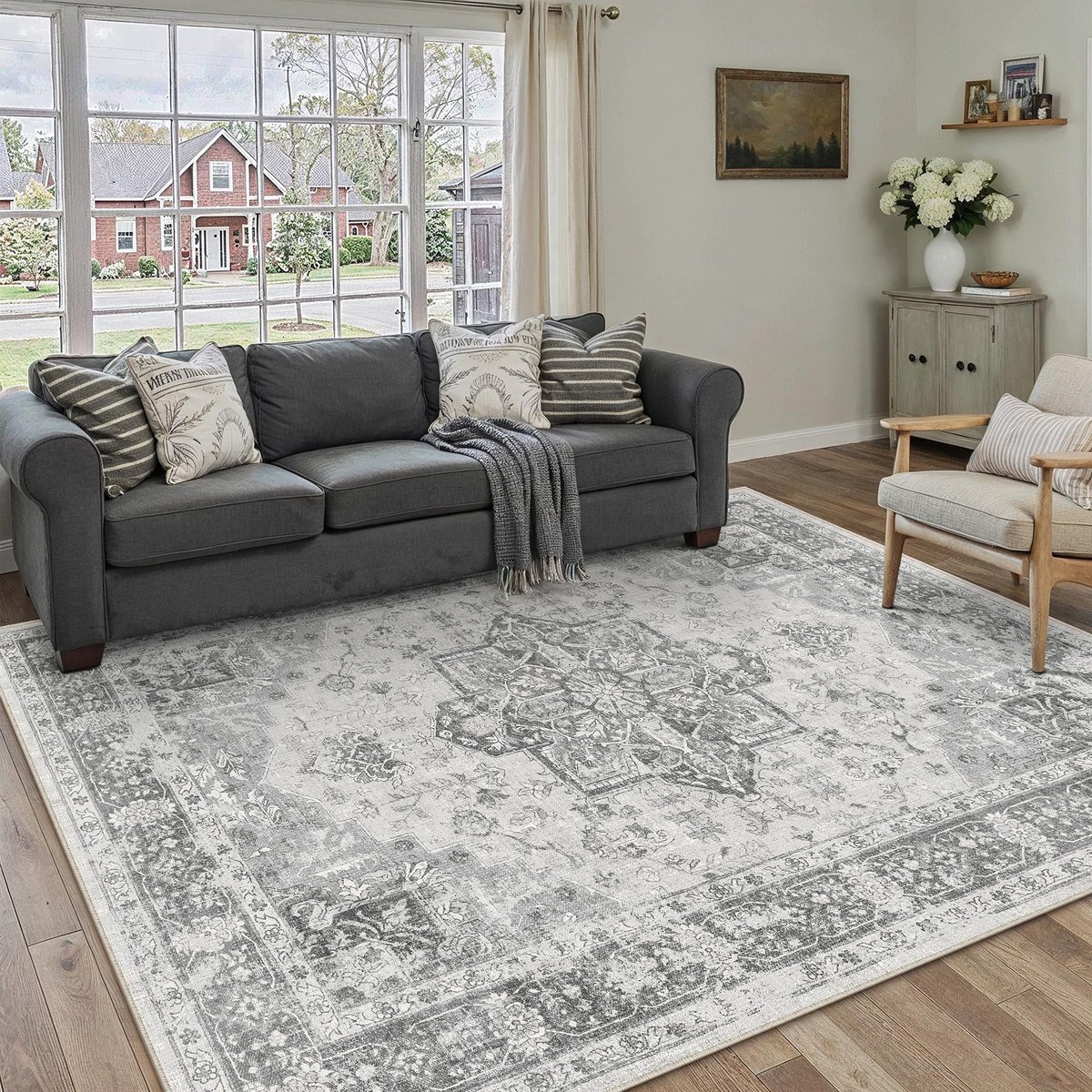 Omgoods - Vintage Grijs Vloerkleed 140x200 cm - Wasbaar en Antislip voor Woonkamer en Kantoor
