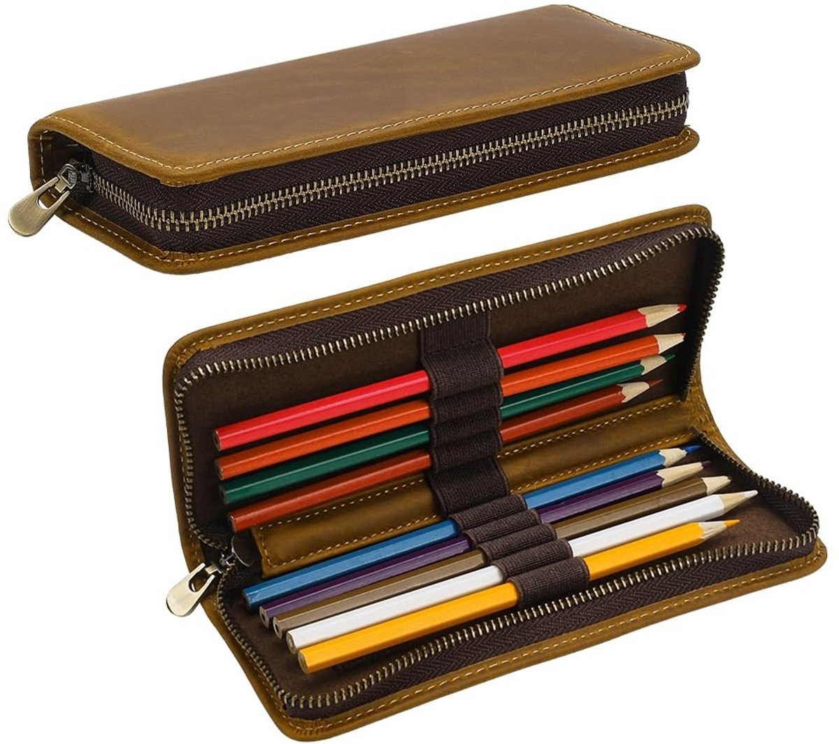 Omgoods - 2 Stuks Lederen Etui Organizer - Vintage Pennenzak met Ritssluiting