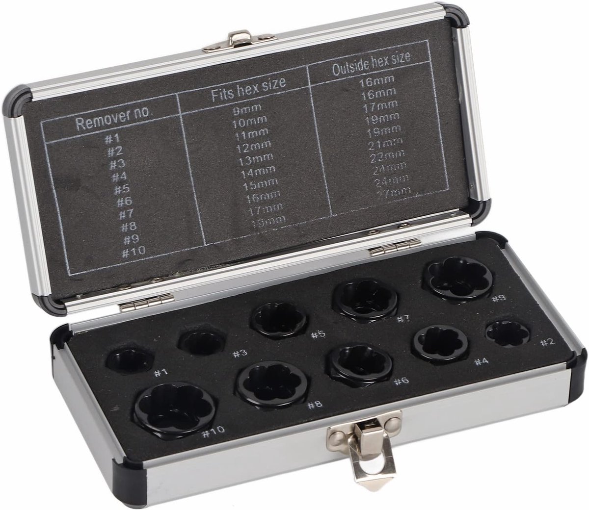 Moerverwijderaar, 10 stuks, voor beschadigde moeren en bouten, drive socket 9-19 mm, beschadigde groefstud-trekker, boutenverwijderaar, set schroefdraadgereedschap