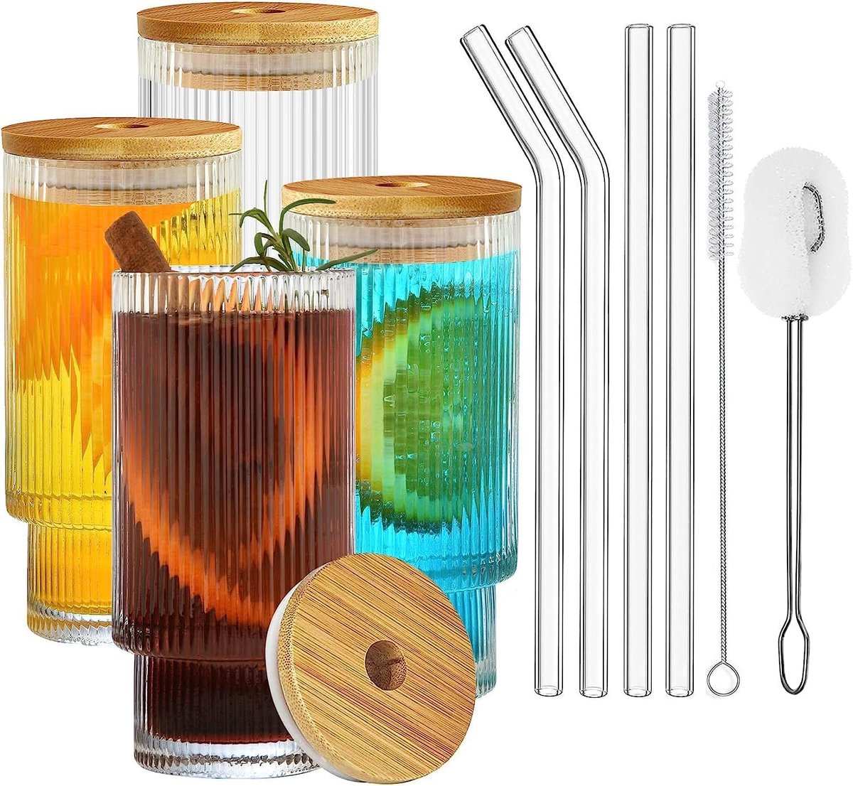 Cocktailglas, set van 4, bierglas, longdrinkglas, ijskoffieglas met rietje, 2 reinigingsborstels, drinkglas voor familie, camping, feest, bar, inhoud: 310 ml