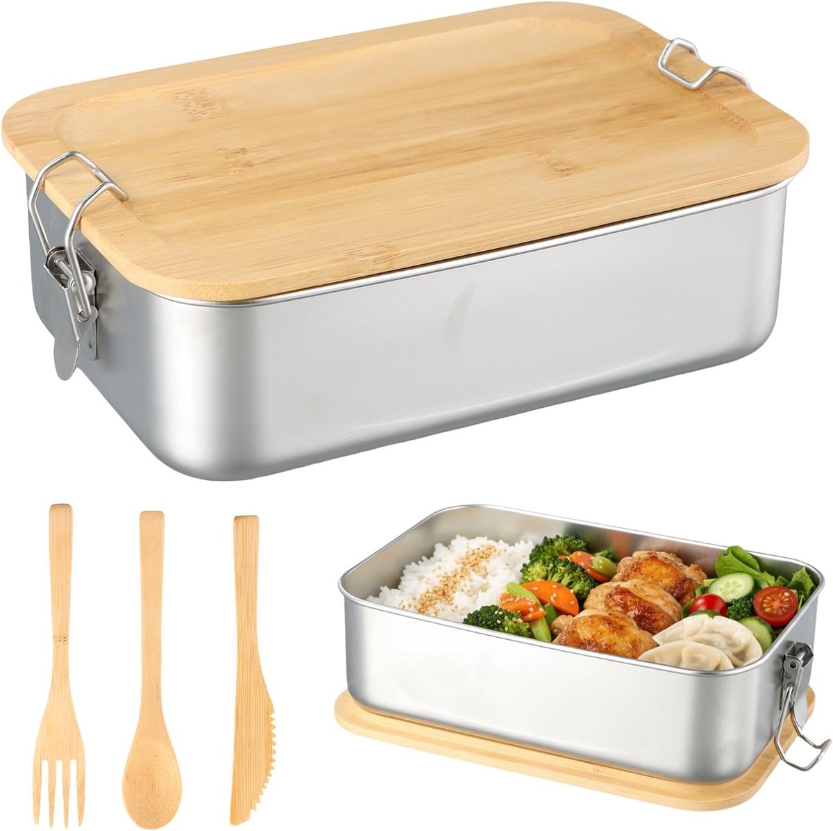 Broodtrommel van roestvrij staal, lunchbox voor volwassenen en kinderen, 1400 ml, broodtrommel van metaal met houten deksel, BPA-vrij, ontbijtbox, broodtrommel met houten bestekset, voor