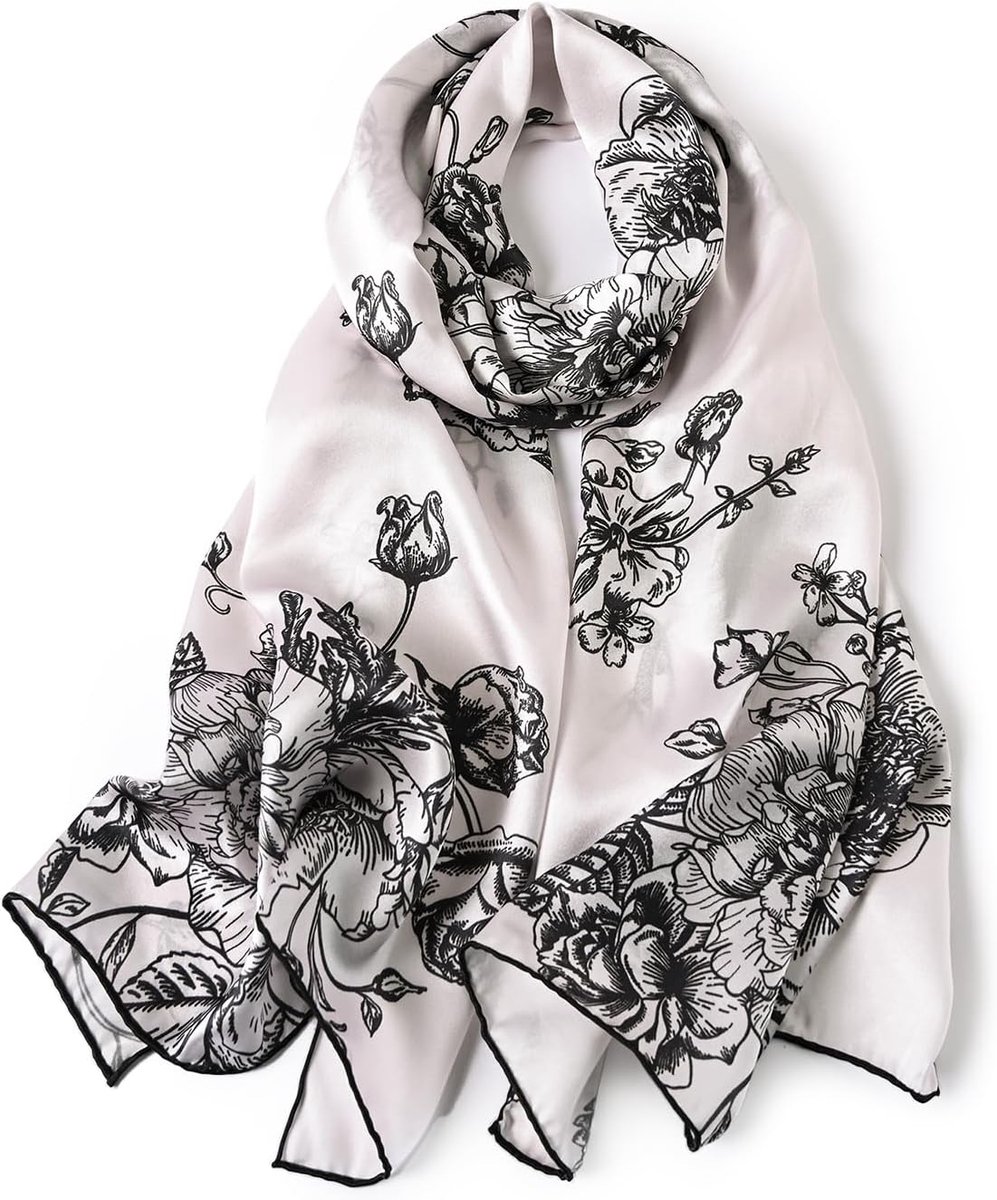 sjaal voor dames, 100% zijde, luxe zijden halsdoek, natuurlijke zijden sjaal voor vrouwen, stola als cadeau, warm, licht en zacht, met motief 53 x 170 cm