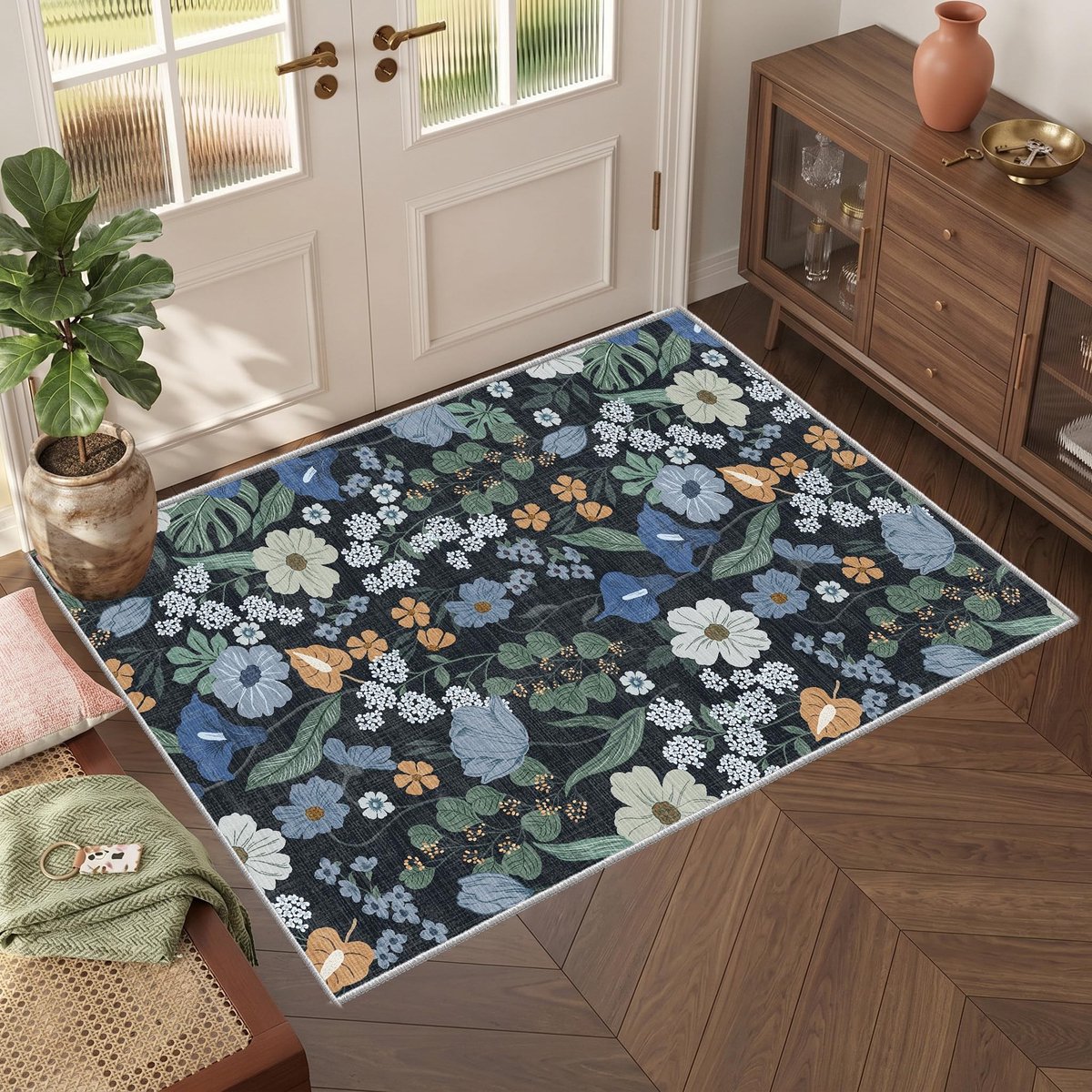 Omgoods - Wasbare Area Rug 60 x 90 cm Bloemenpatroon, Antislip, Voor Entree en Keuken