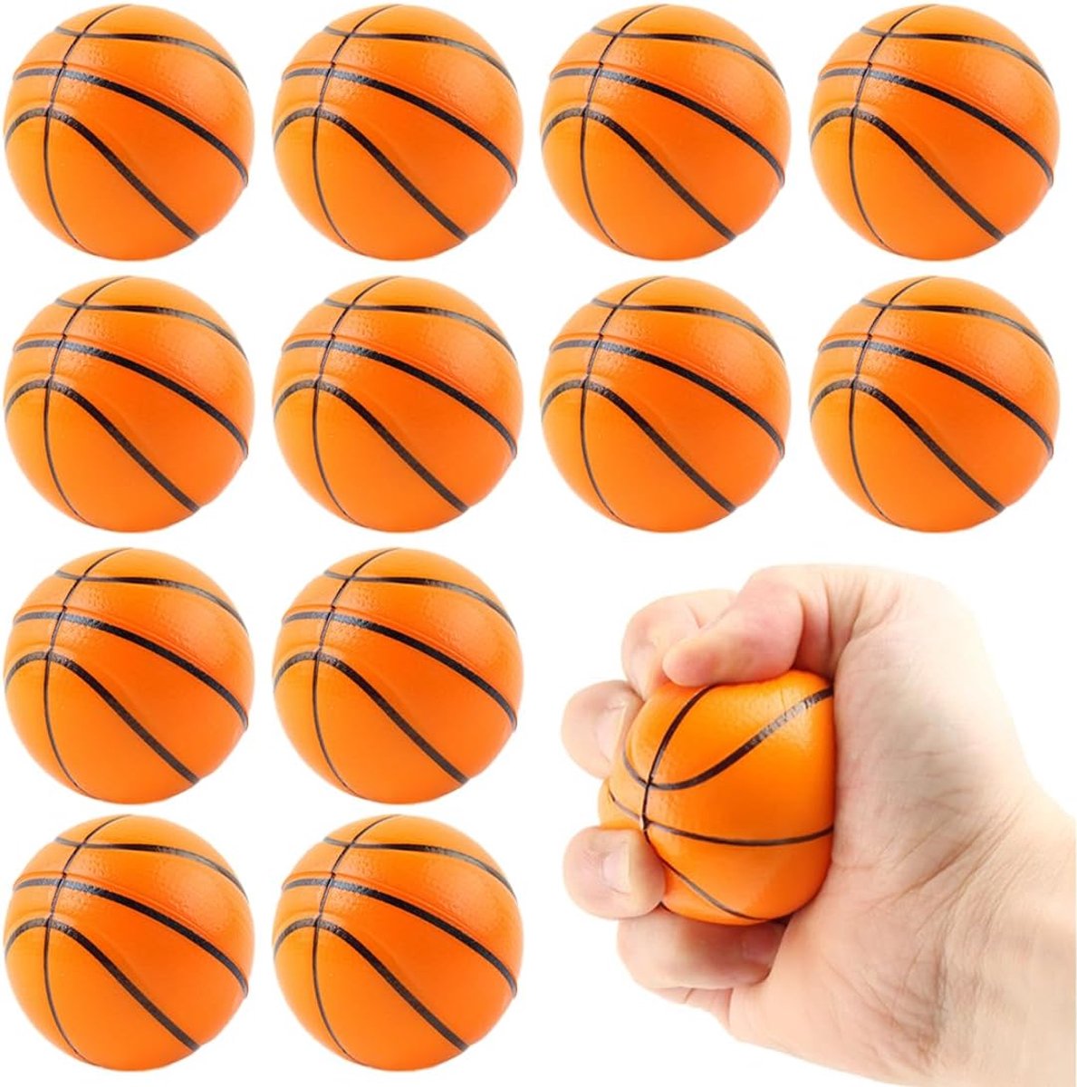 12 stuks antistressbal voor kinderen en volwassenen, basketbal, stressbal, basketbal knijpbal, zachte ballen, knijpbal, squishy speelgoedbal voor kinderverjaardag, cadeautje feest