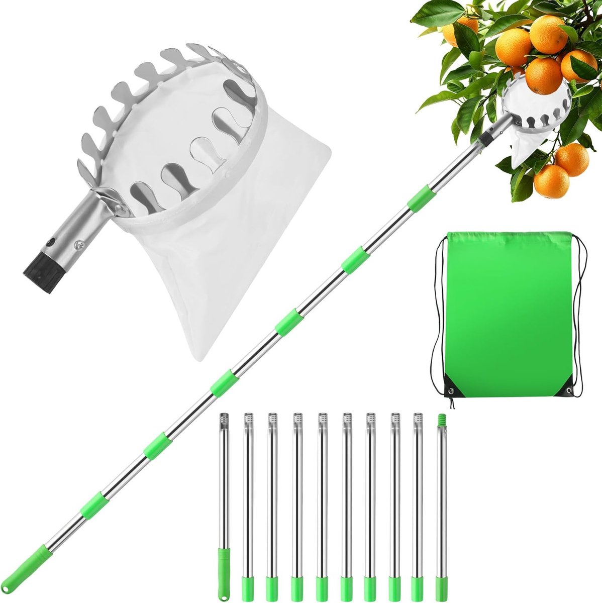 4 m fruitplukker, roestvrijstalen telescoopstang, fruitgrijper met een diameter van 16 cm