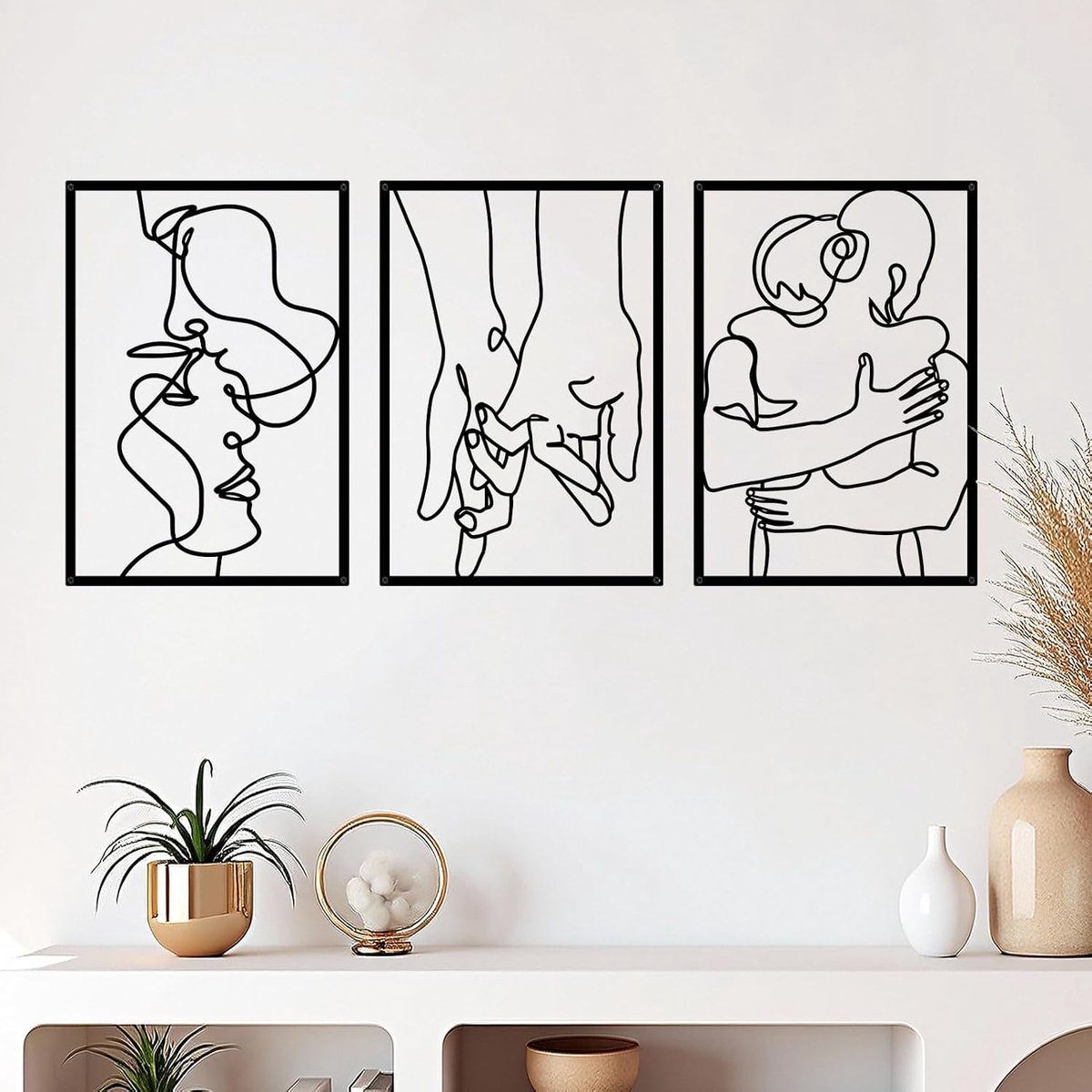 Minimalistische metalen wanddecoratie, 3 stuks, Valentijnsdag, geliefden, kus, hand, knuffelen, esthetisch, om op te hangen, voor slaapkamer, badkamer
