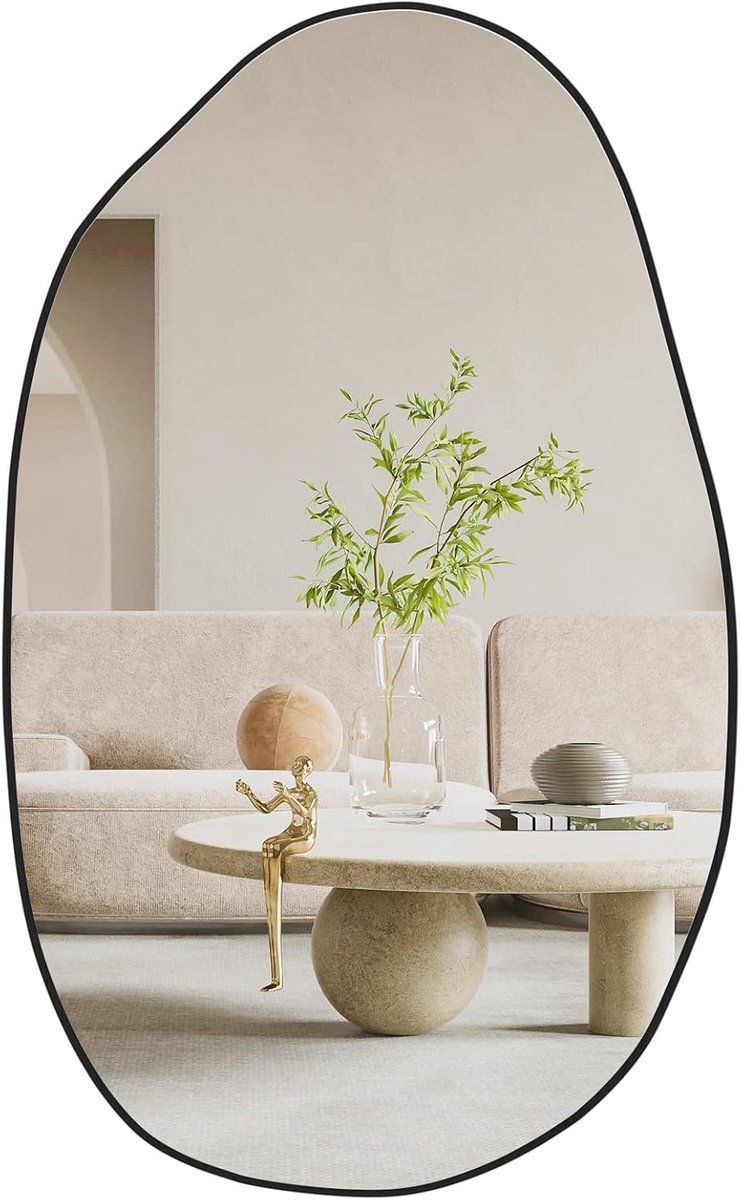 wandspiegel, asymmetrische spiegel aan de muur, unieke make-upspiegel, gevormde kleedspiegel decoratief voor woonkamer, badkamer, slaapkamer, entree muurdecoratie, 85 cm x 52