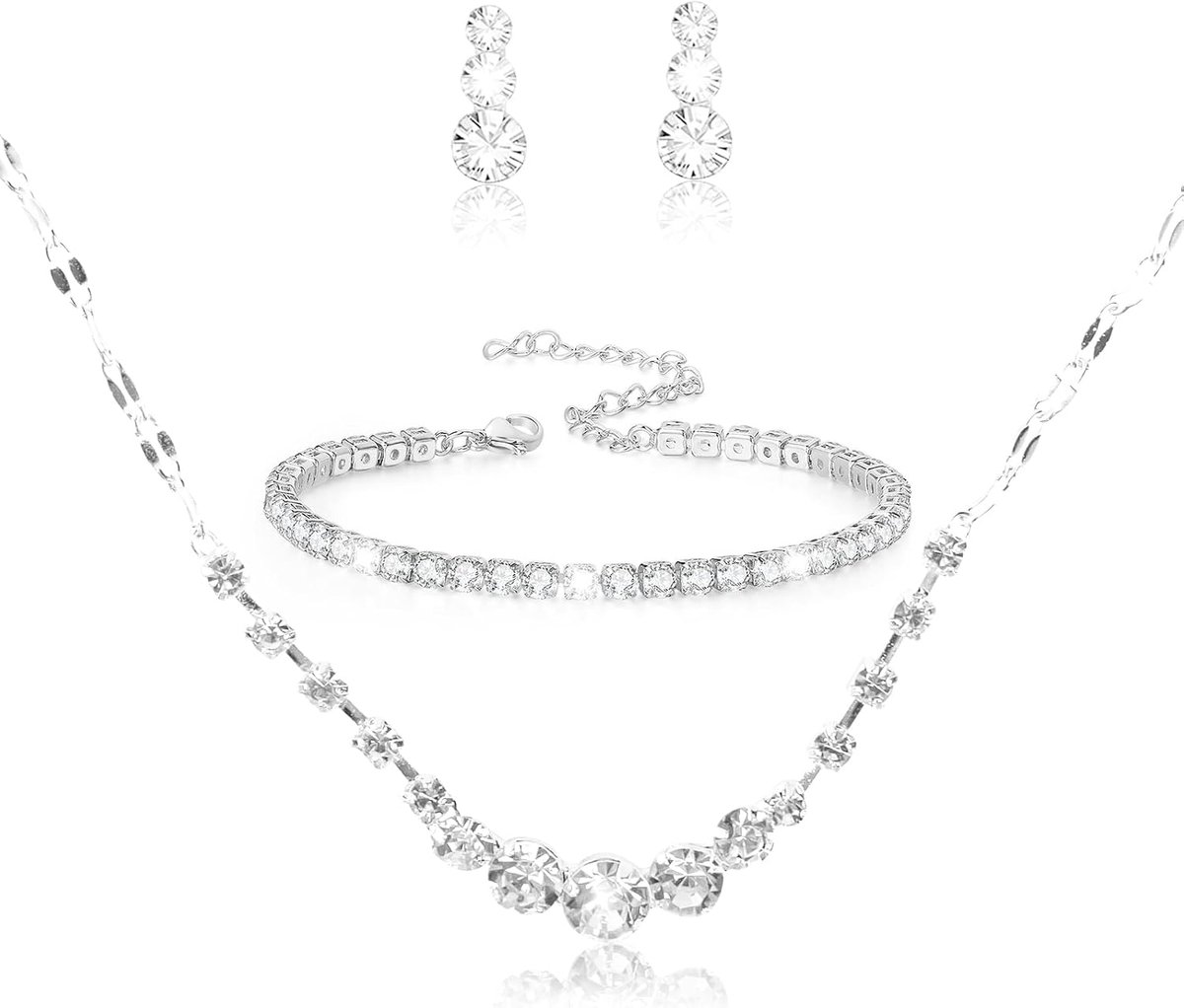 bruidssieradenset, zilveren strasssteentjes, kristallen halsketting met oorbellen, armband, galakostuumaccessoires, bruiloftssieradenset voor bruid, bruidsmeisje en dames