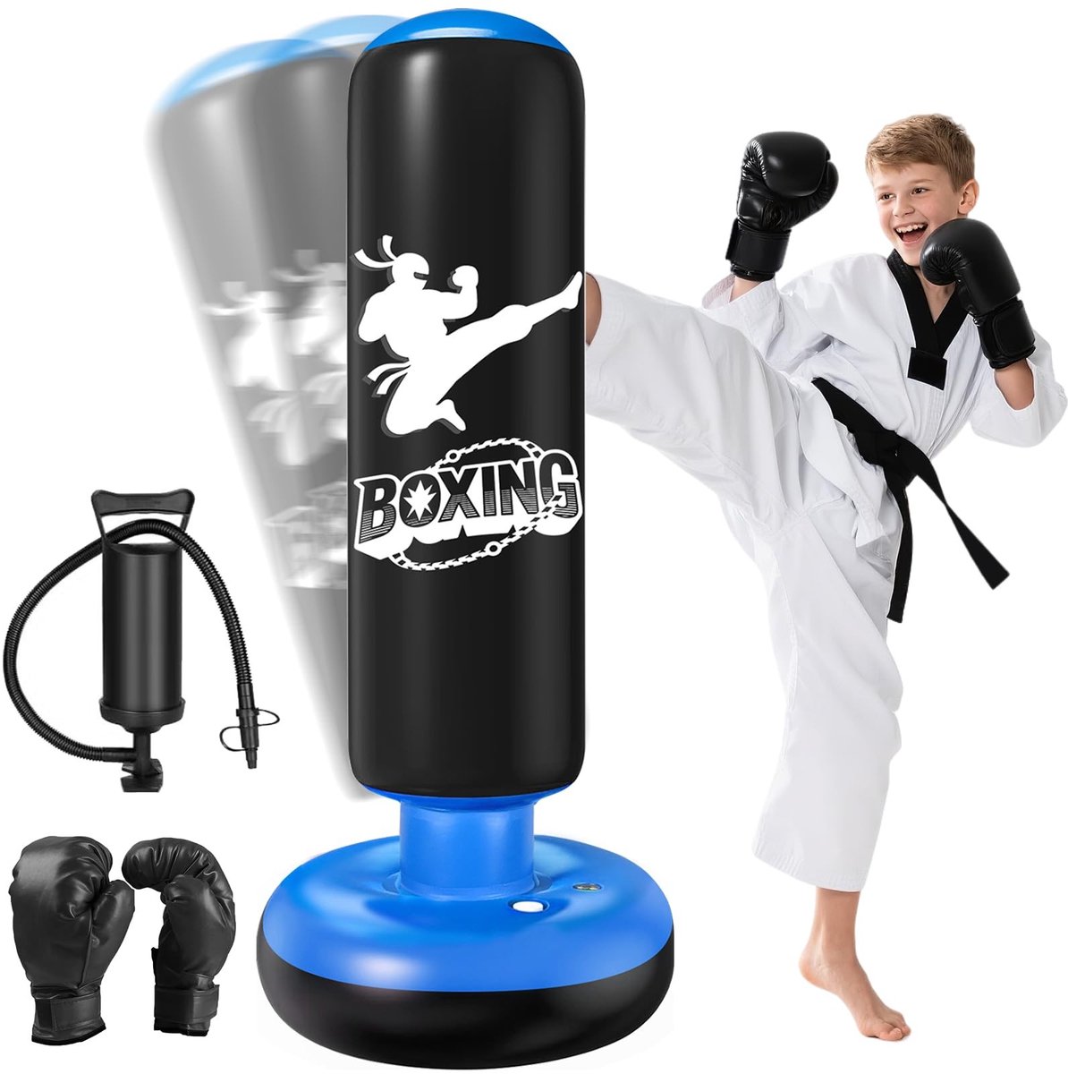 Omgoods - Opblaasbare Boksbal voor Kinderen 160 cm, Inclusief Bokshandschoenen, Perfect voor Karate en Kickboksen