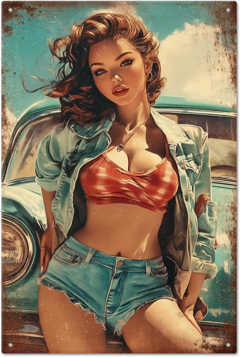 Vintage Pin Up Lady Metalen Bord 20 x 30 cm Vintage Klassieke Auto Kunst Plaquette Poster Wanddecoratie voor Thuis Badkamer Bar Knbs Koffiewinkel Club Decoratie