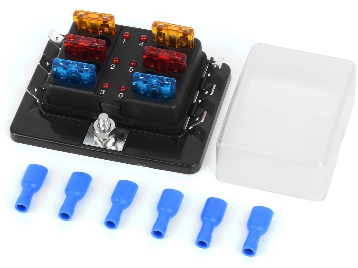 Zekeringkast voor auto, 12 V, 6 vakken, met 6 standaard autozekeringen, zekeringhouder met led-display, beschermkap voor auto, boot, camper, vrachtwagen