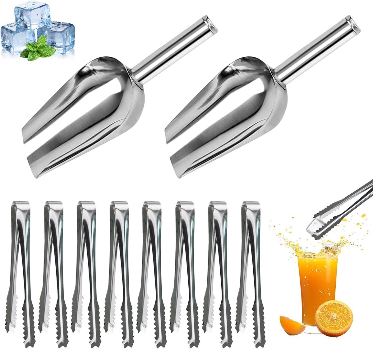 8 stuks met tafeltang van roestvrij staal en 2 ijsstokjes, ijstang en suikertang voor feestjes, bars, restaurants, barbecues, keukens en buffets