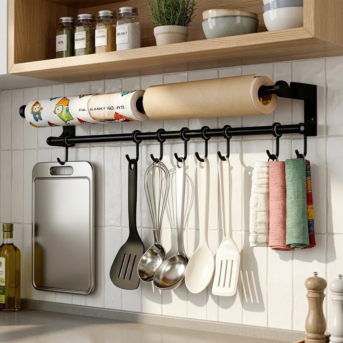 Omgoods - 60 cm Wandhaaklijst met 8 Beweegbare Haken en Papierrolhouder