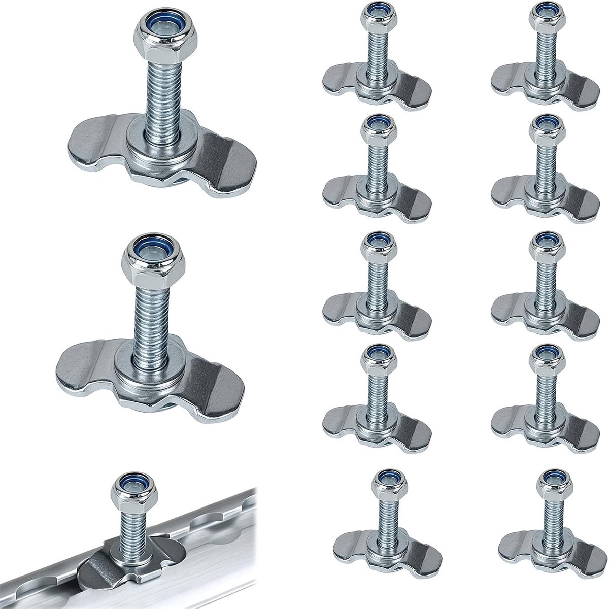 12 x schroeffitting, airline-rail, M8 x 45, airline-fitting, zilveren borgmoer, airline-schroefverbinding, accessoires, eindbeslag voor sjorrails, 500daN, verzinkt, airline-schroefverbinding
