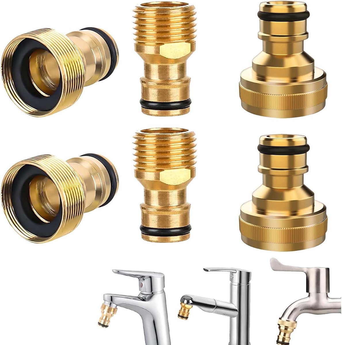 6 stuks kraanadapter tuinslang, universele messing kraanaansluiting, 2-in-1 kraanconnectoren, 15/21 aansluiting tuinslang, adapter voor keukenkraan voor tuinslang