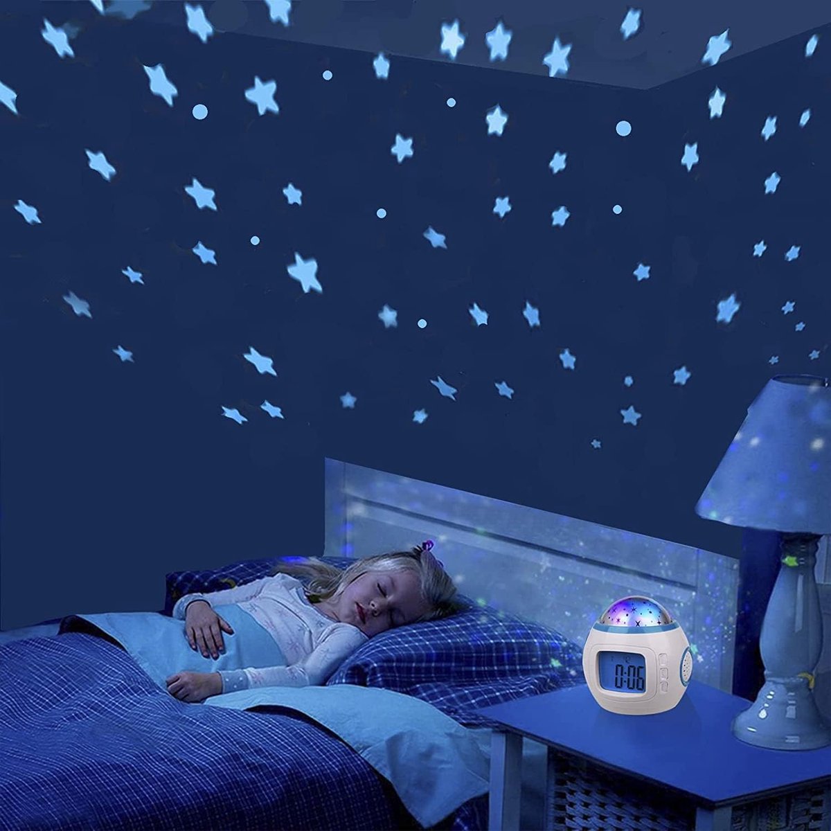 digitale projectieklok voor kinderen met kalender en thermometer, sluimerfunctie, 7 kleuren sterrenhemelprojector, kleurmodi met 10 melodieën voor kinderen, jongens, meisjes, wit