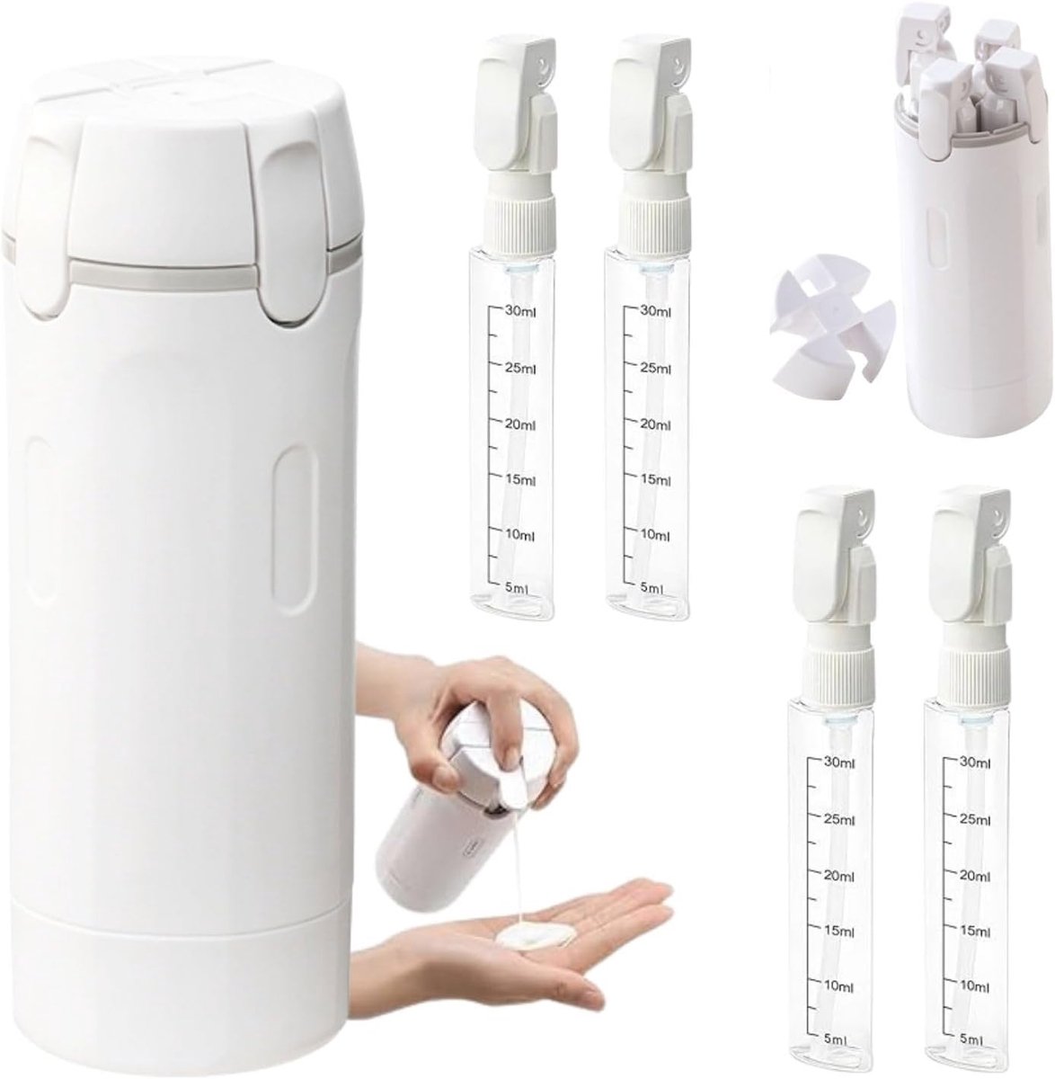 4-in-1 navulbare reisdispenserflessen, reisflessen om te vullen, herbruikbare en navulbare reisdispenserflessen, reisformaat, container voor shampoo, crème, spoeling, lichaamsverzorging