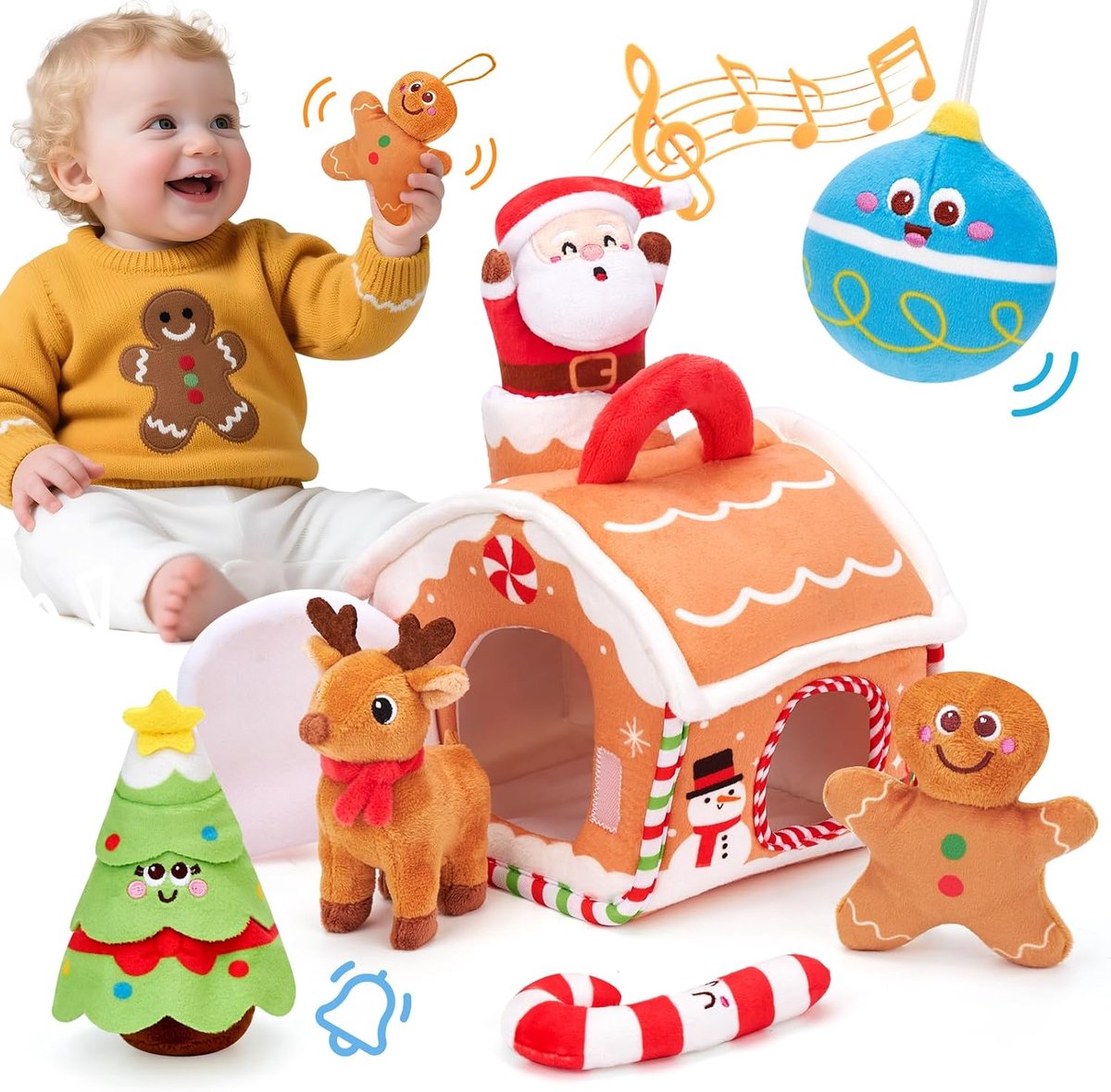 hahaland Babyspeelgoed voor 6-12 maanden, muzikale en sensorische pluche speelgoedset | Zacht speelgoed voor baby's met peperkoek huis, kerstman, rendier en rammelaars, baby paasmandvullers