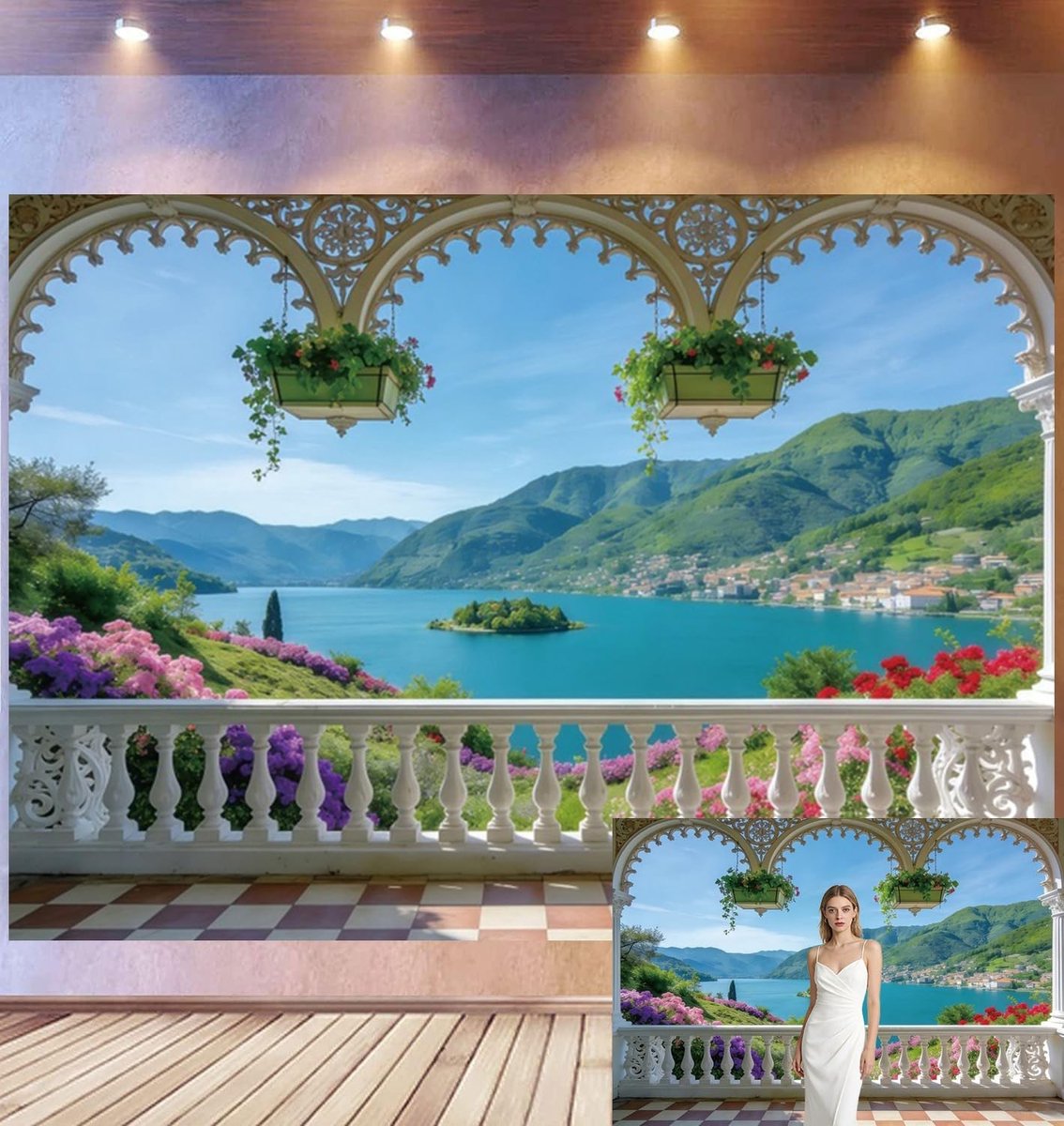 Omgoods - Achtergrond Fotografie 2,5 x 1,8 m - Elegante Decoratie met Bloemen en Landschap