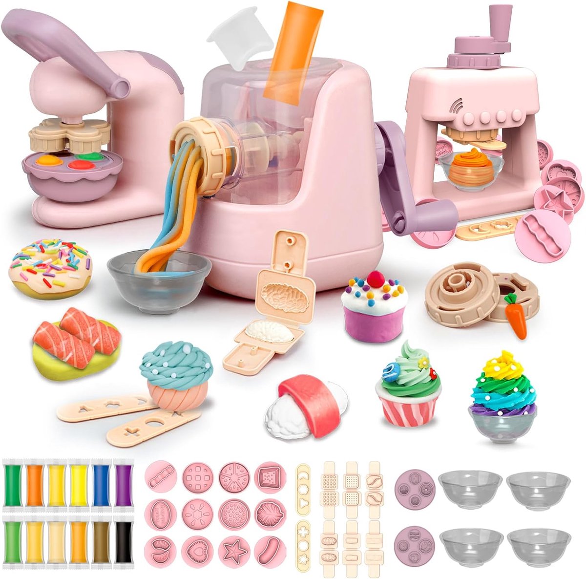 Kleiset voor kinderen, 65 stuks kleiaccessoires, kneedgereedschap met 12 modelleermassa, creatieve kinderklei, deegmachine, speelset, cadeau voor meisjes en jongens (roze)