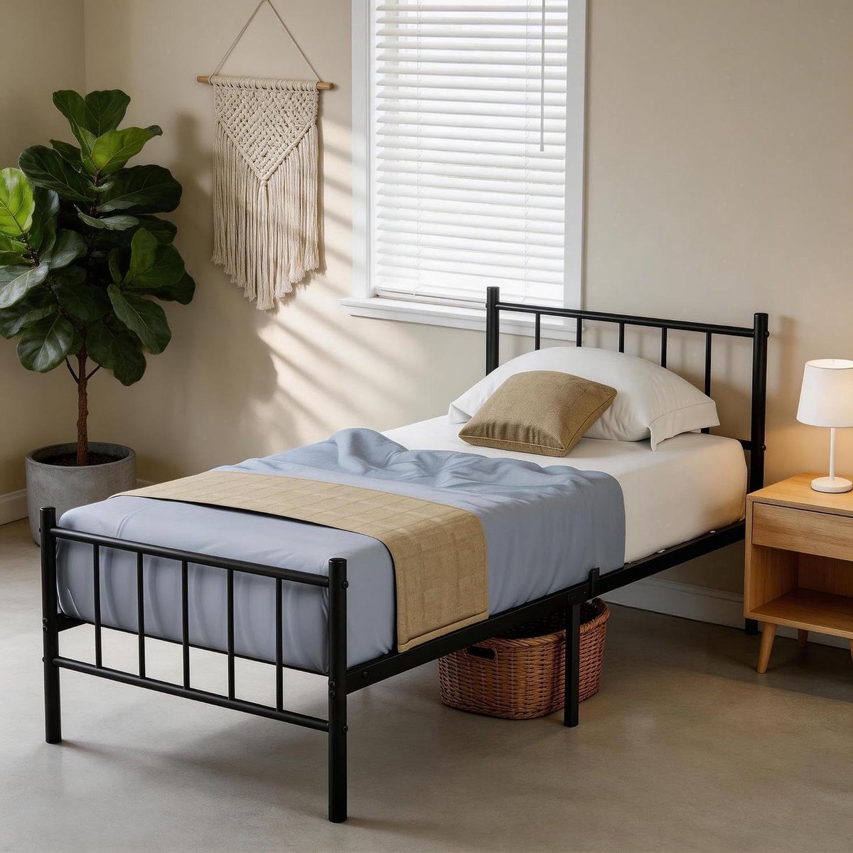 Metalen Bedframe - Eenpersoonsbed Lattenbodem - Slaapkamer Inrichten - Geluidsvrij Slaapcomfort - 90 x 200 cm - Zwart