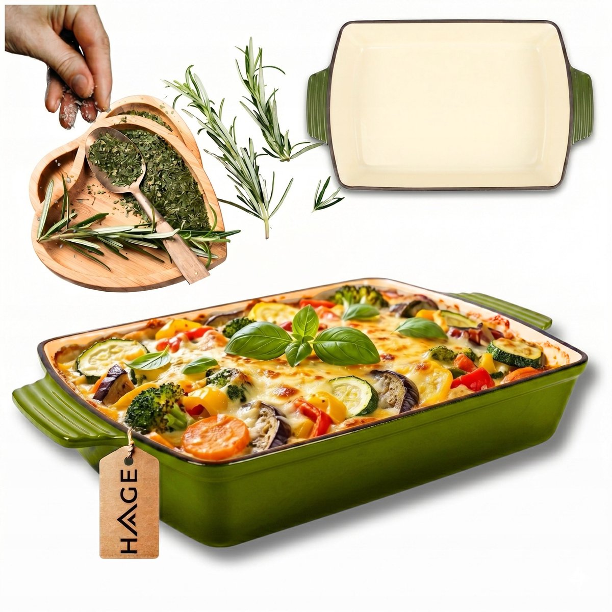 Hage - Bakvorm - Ovenschaal - Gietijzeren Ovenschaal - Emaille Braadslede met Handgrepen - Geschikt voor Inductie, Oven & Alle Warmtebronnen - 3.5 Liter - 32 x 23.5 cm - Olijfgroen