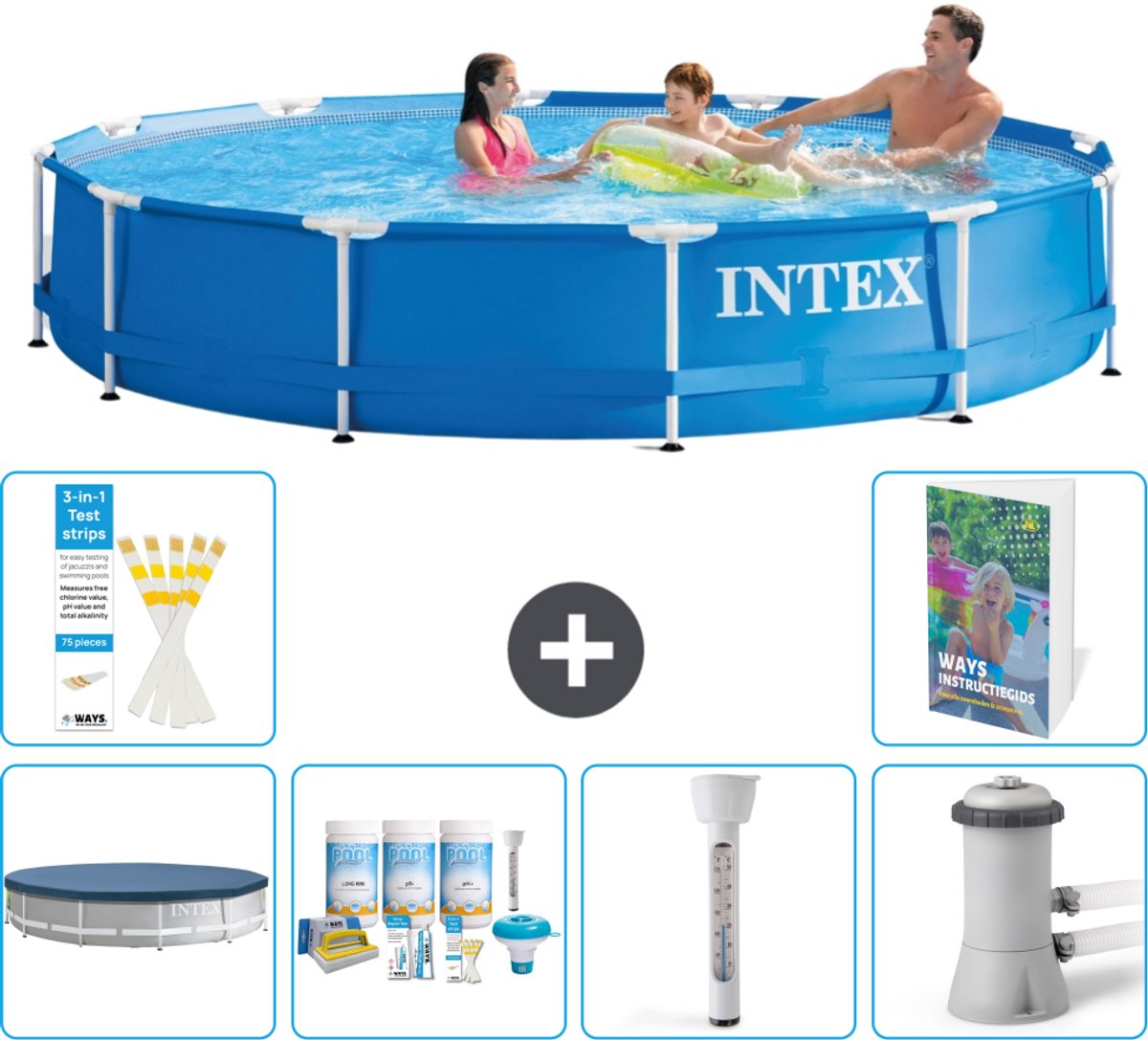 Intex Rond Frame Zwembad - 366 x 76 cm - Blauw - Inclusief Afdekzeil - Onderhoudspakket - Thermometer - Zwembadfilterpomp - 7-delig