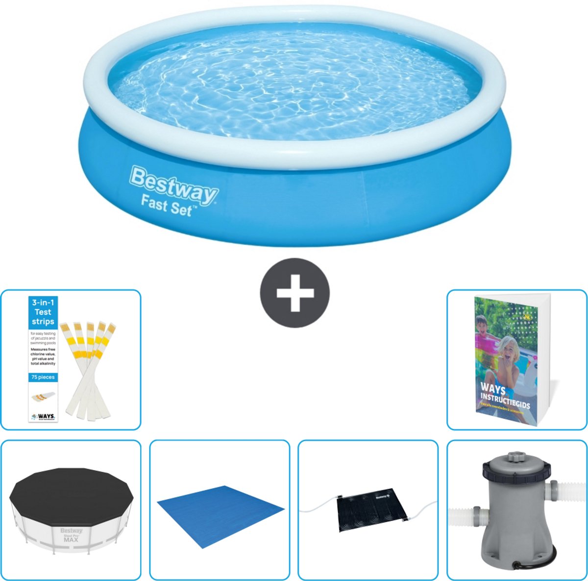 Bestway Rond Opblaasbaar Fast Set Zwembad - 366 x 76 cm - Blauw - Inclusief Afdekzeil - Grondzeil - Solar Mat - Zwembadfilterpomp - 7-delig