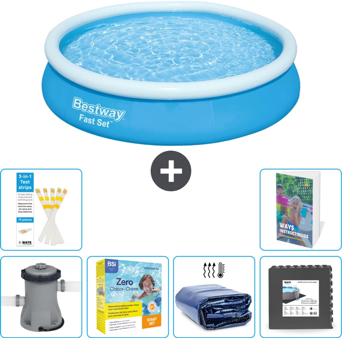 Bestway Rond Opblaasbaar Fast Set Zwembad - 366 x 76 cm - Blauw - Inclusief Pomp - Onderhoudspakket - Solarzeil - Vloertegels - 7-delig