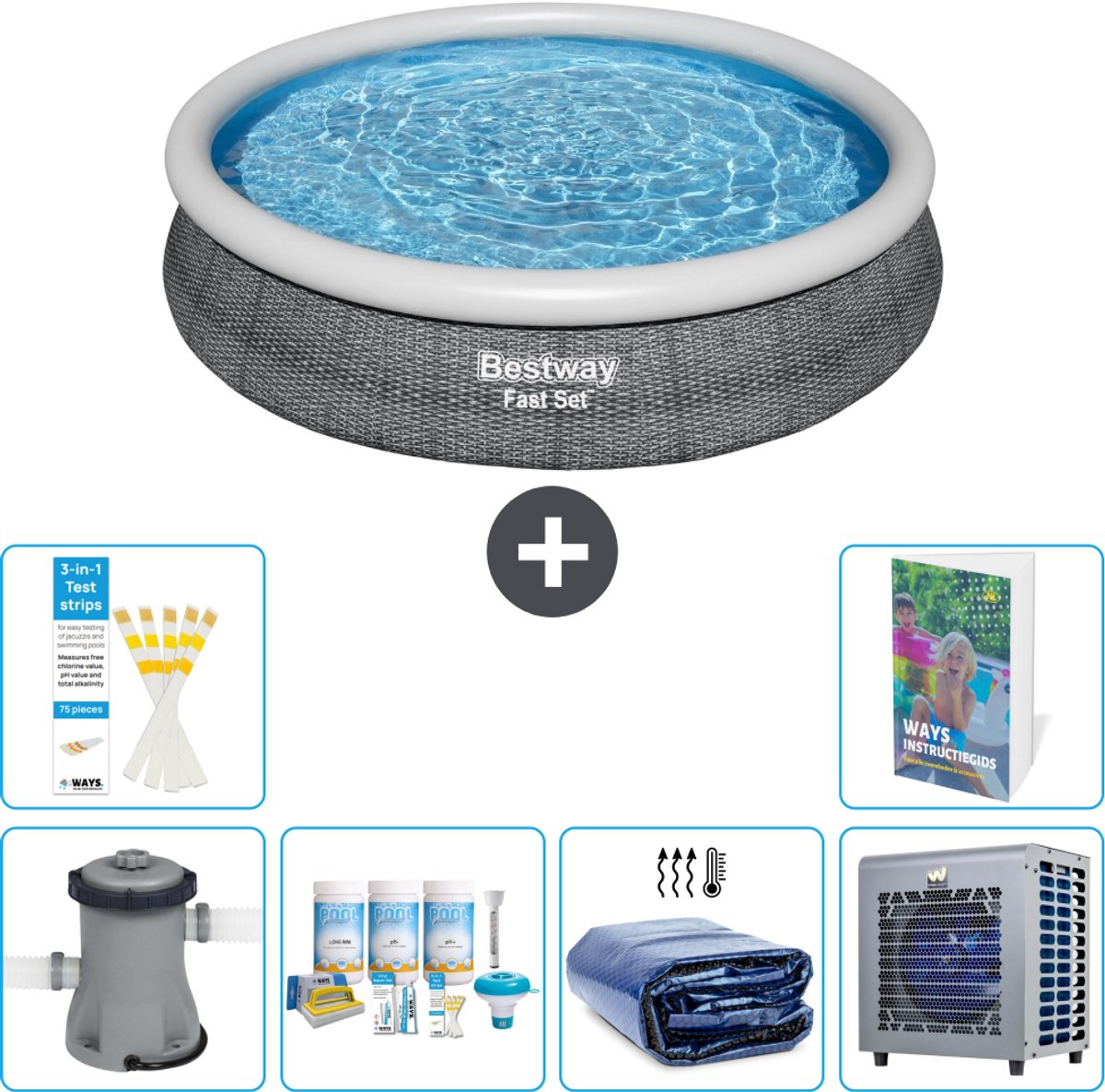 Bestway Rond Opblaasbaar Fast Set Zwembad - Rotanprint - 366 x 76 cm - Inclusief Pomp - Onderhoudspakket - Solarzeil - Warmtepomp - 7-delig