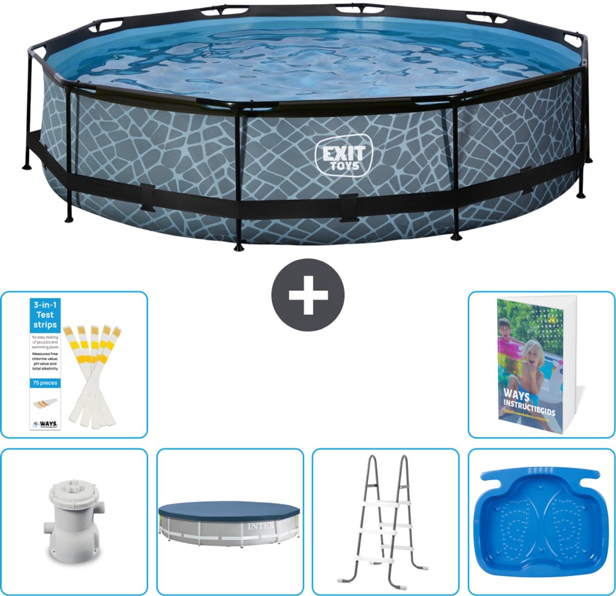 EXIT Rond Stone Frame Zwembad - 360 x 76 cm - Inclusief Pomp - Afdekzeil - Ladder - Voetenbad - 7-delig
