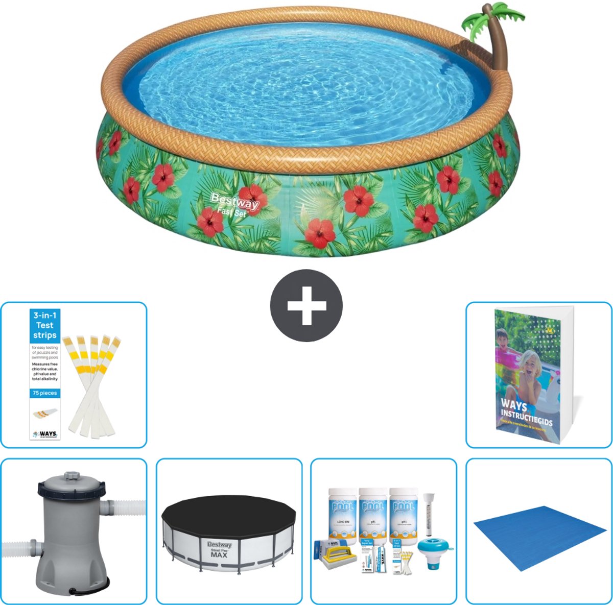 Bestway Rond Opblaasbaar Fast Set Zwembad - Paradijsprint - 457 x 84 cm - Inclusief Pomp - Afdekzeil - Onderhoudspakket - Grondzeil - 7-delig