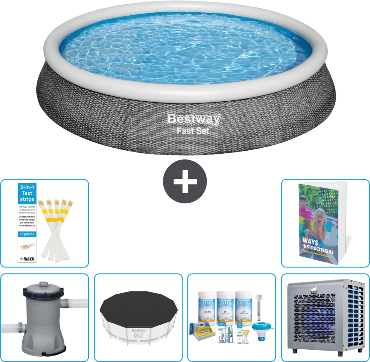 Bestway Rond Opblaasbaar Fast Set Zwembad - Rotanprint - 396 x 84 cm - Inclusief Pomp - Afdekzeil - Onderhoudspakket - Warmtepomp - 7-delig