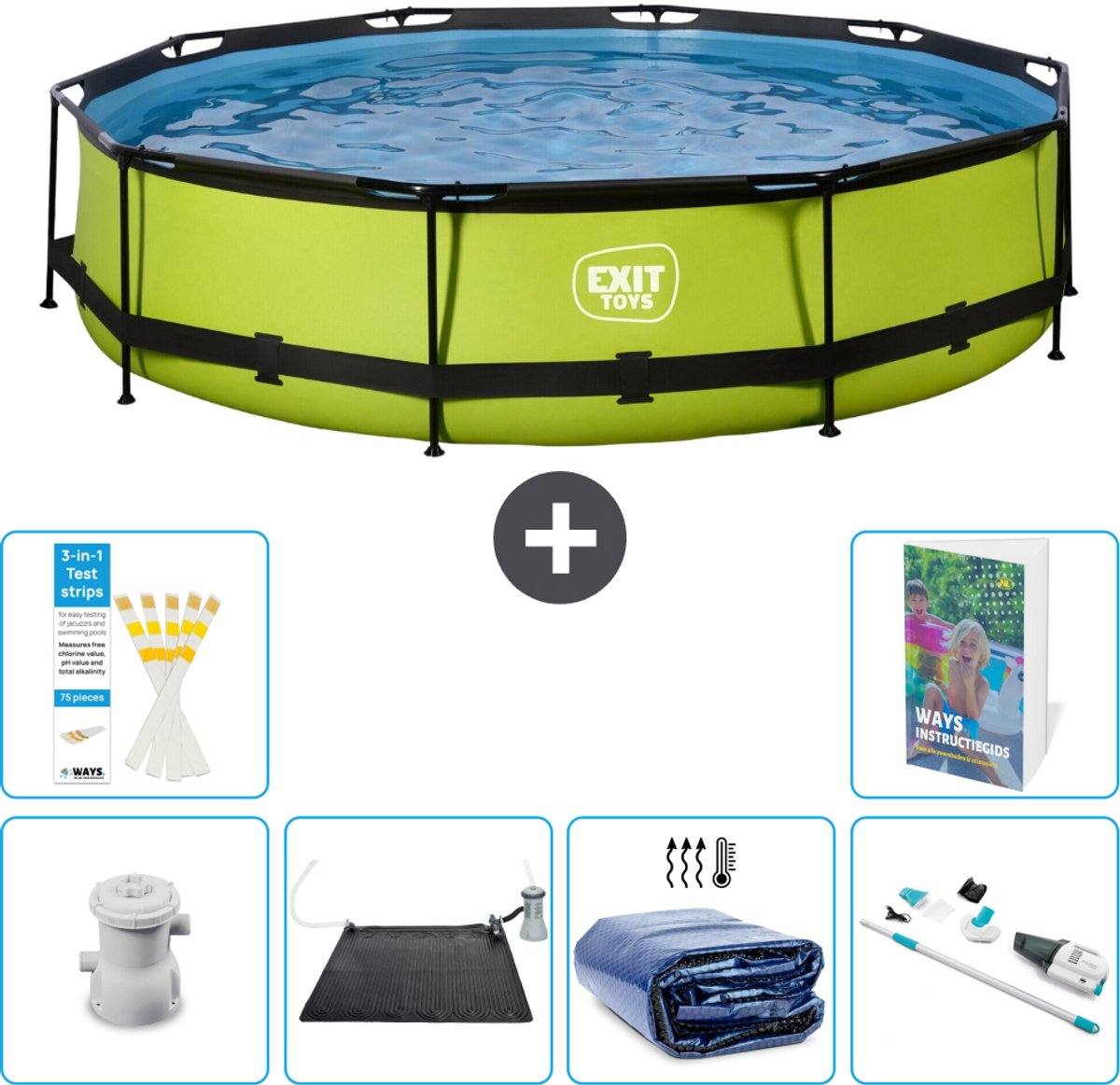 EXIT Rond Lime Frame Zwembad - 360 x 76 cm - Inclusief Pomp - Solar Mat - Solarzeil - Stofzuiger - 7-delig