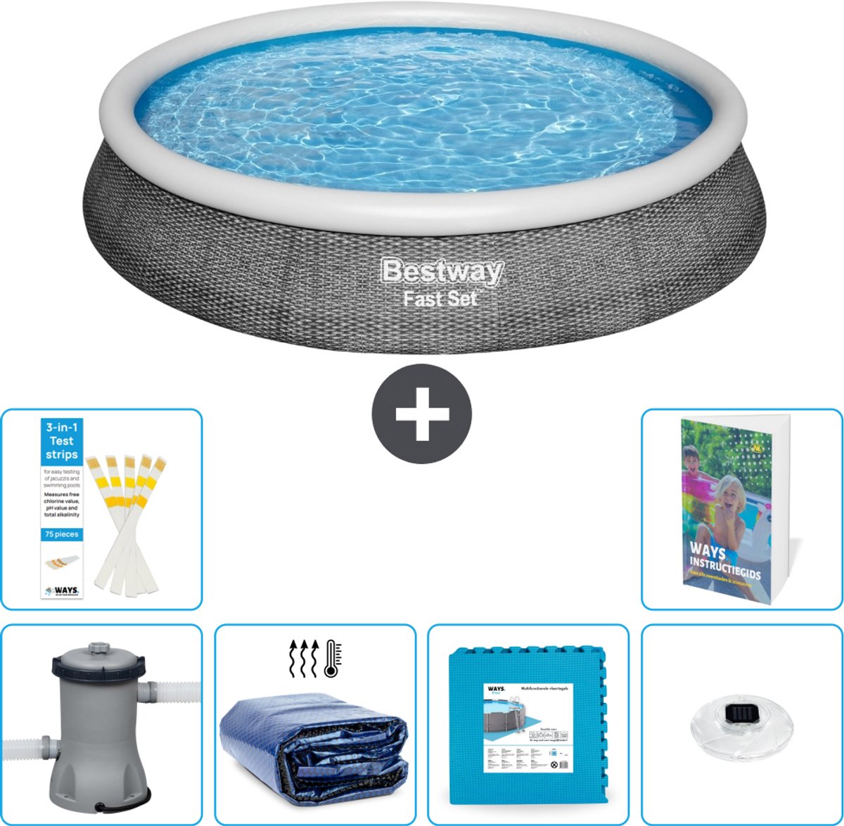 Bestway Rond Opblaasbaar Fast Set Zwembad - Rotanprint - 396 x 84 cm - Inclusief Pomp - Solarzeil - Vloertegels - Verlichting - 7-delig