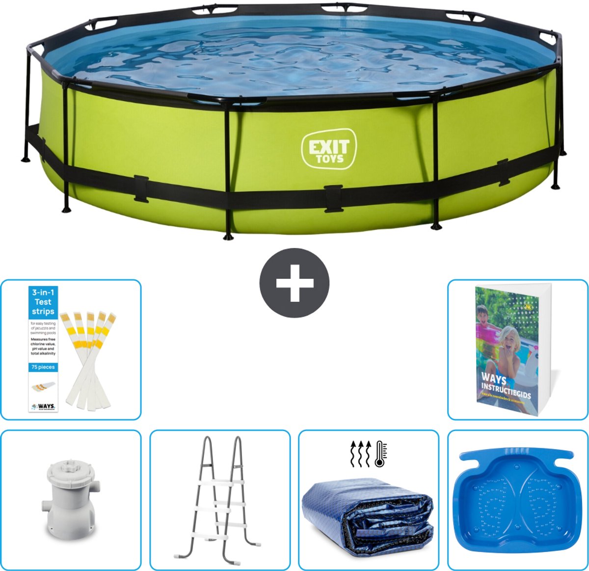 EXIT Rond Lime Frame Zwembad - 360 x 76 cm - Inclusief Pomp - Ladder - Solarzeil - Voetenbad - 7-delig