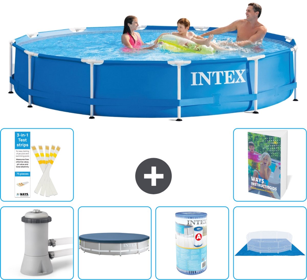 Intex Rond Frame Zwembad - 366 x 76 cm - Blauw - Inclusief Pomp - Afdekzeil - Filter - Grondzeil - 7-delig